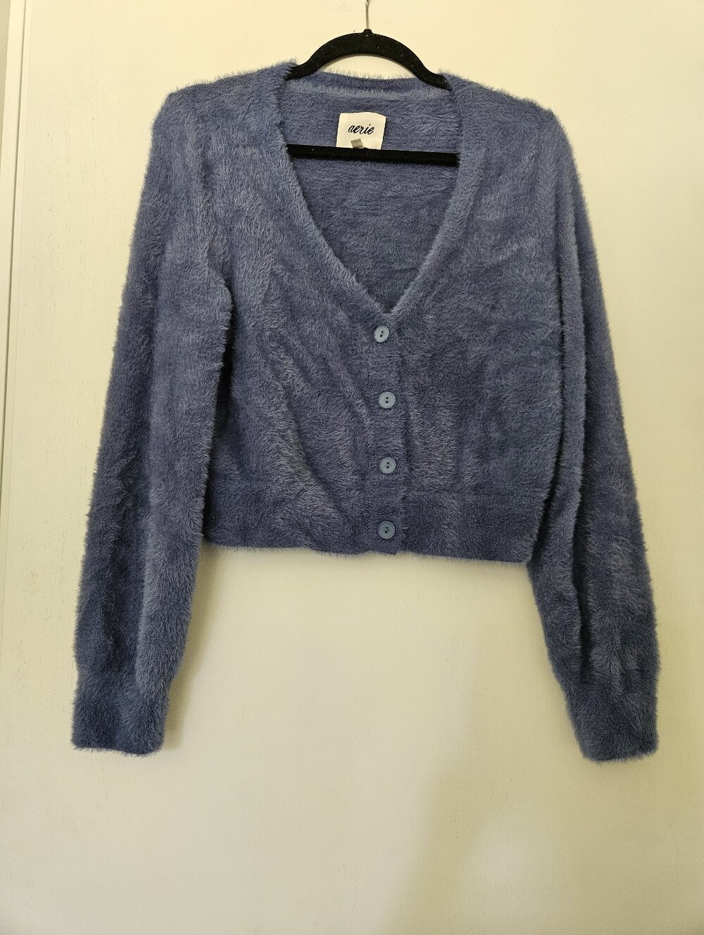 Aerie Marbled Blue Fuzzy Eyelash Knit Cropped Cardigan Sweater M V-Neck Button F